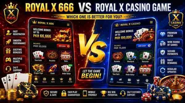 Royal X 666 vs Royal X Casino Game comparison banner showing features, APK download, bonuses, and mobile gaming guide